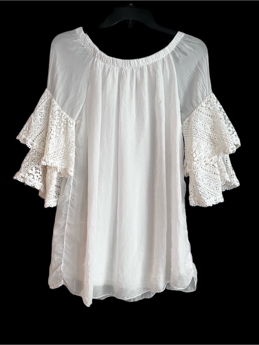 Boho Romantic White  100% Italian Silk Blouse Lace Sleeves Off Shoulder Size M